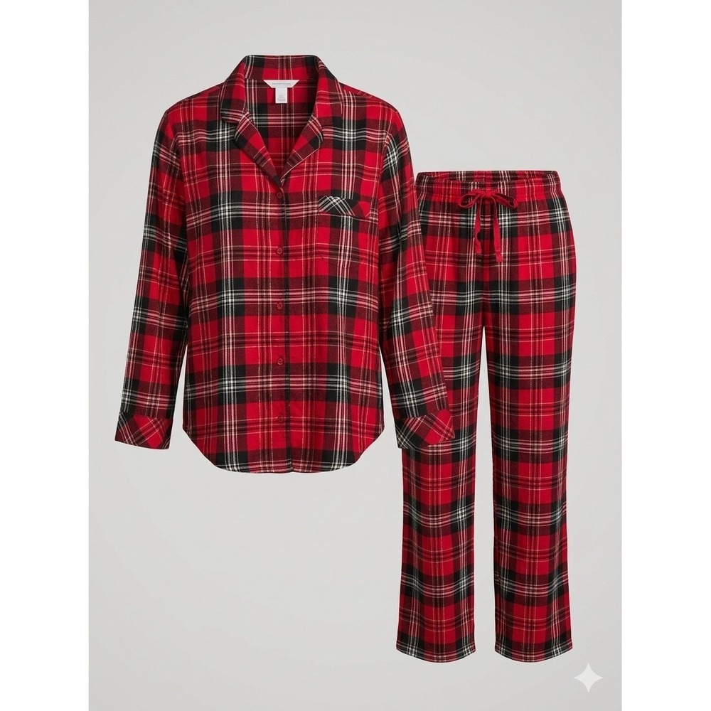 Victoria's Secret Red Black Plaid Flannel Pajama Set Shimmer Gold‎ Lurex XL Reg